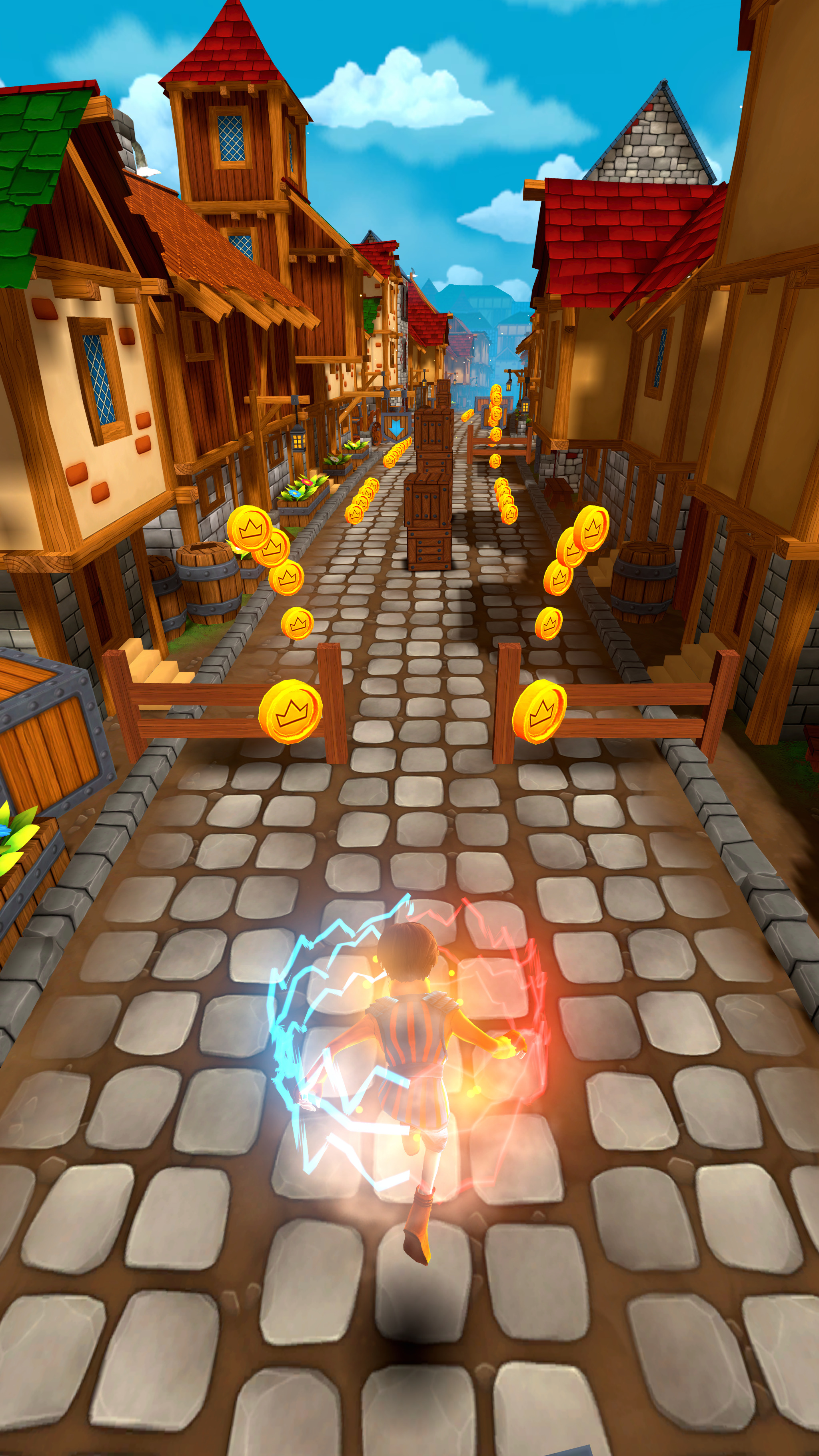 CHASERS - Character with magic aura collecting coins in a village street