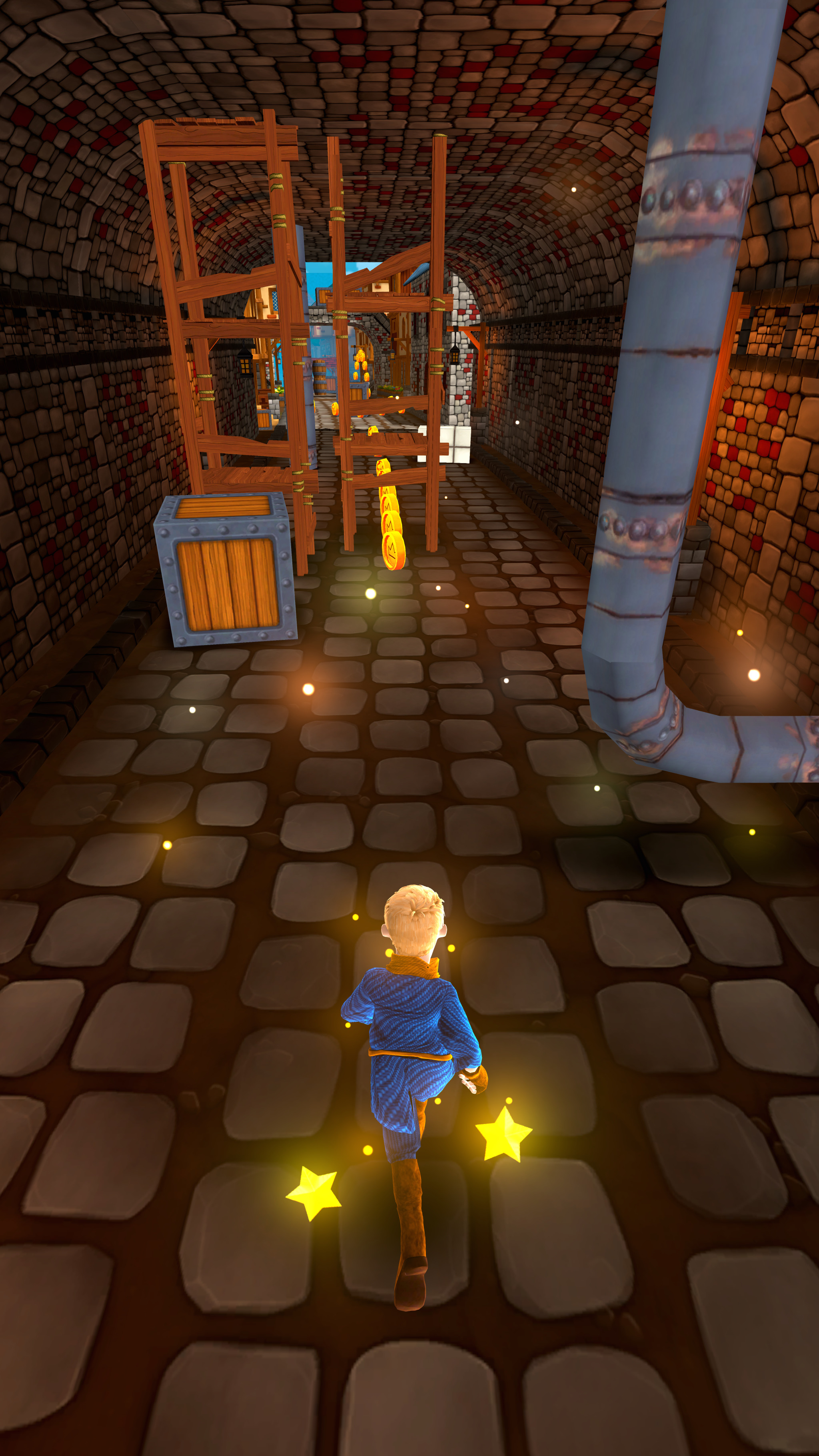 CHASERS - Character running through a stone tunnel with crystal obstacles