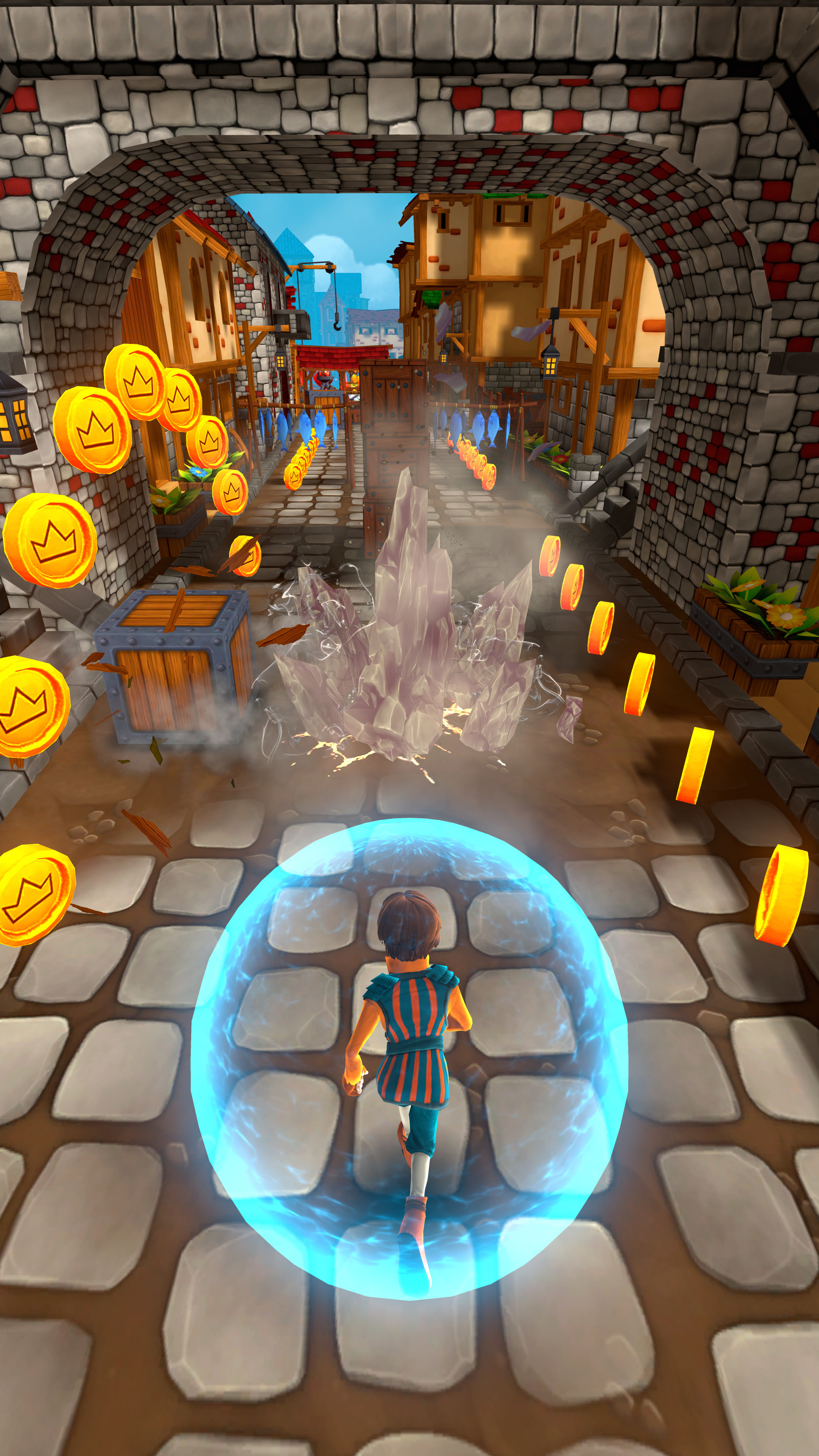 CHASERS - Character with magic shield running through a stone tunnel with crystals