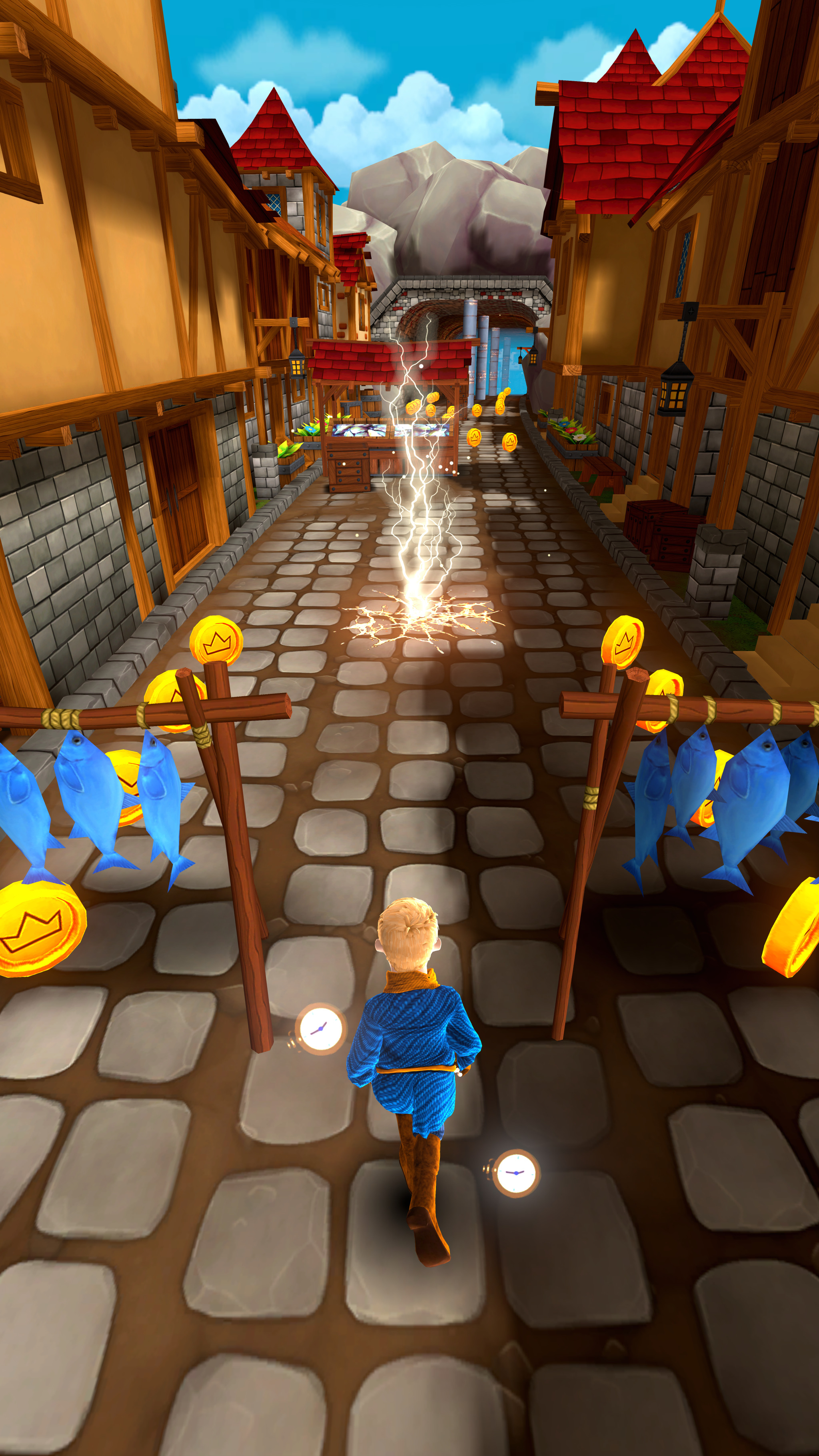 CHASERS - Character running through a medieval village market with lightning obstacle